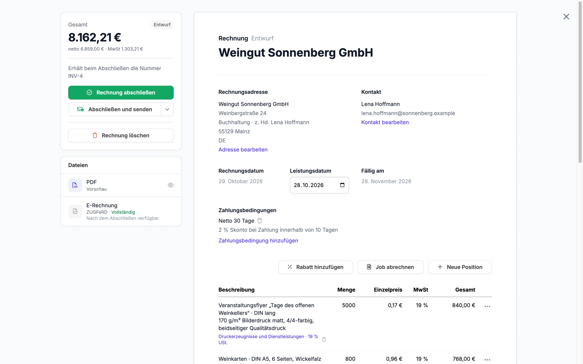 Invoice workspace showing customer details, line items, payments and documents.