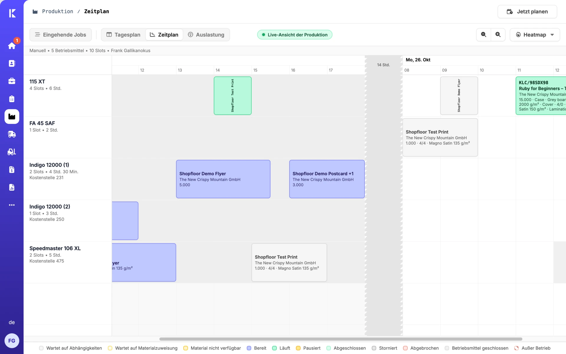 Production schedule with jobs assigned to machines and their worksteps.