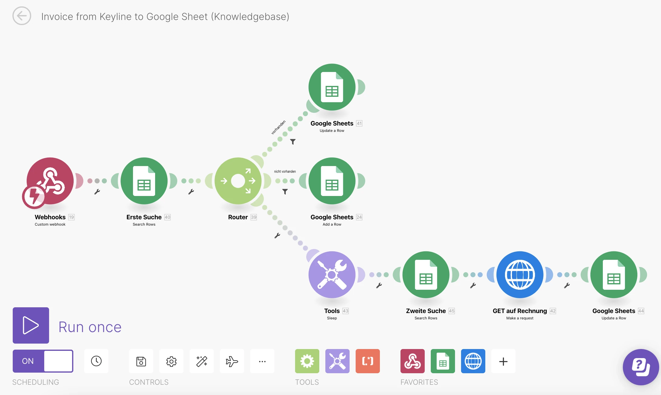 Make workflow with a Keyline webhook, search and routing to create or update invoice data in Google Sheets.